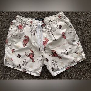 NATIVE YOUTH White Swim Trunks with Pink Coastal Motif